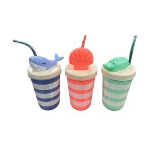 Set Of 3 Kids Sun Squad Striped Tumblers With Whale -Blue, Shell-Pink & Crocodil